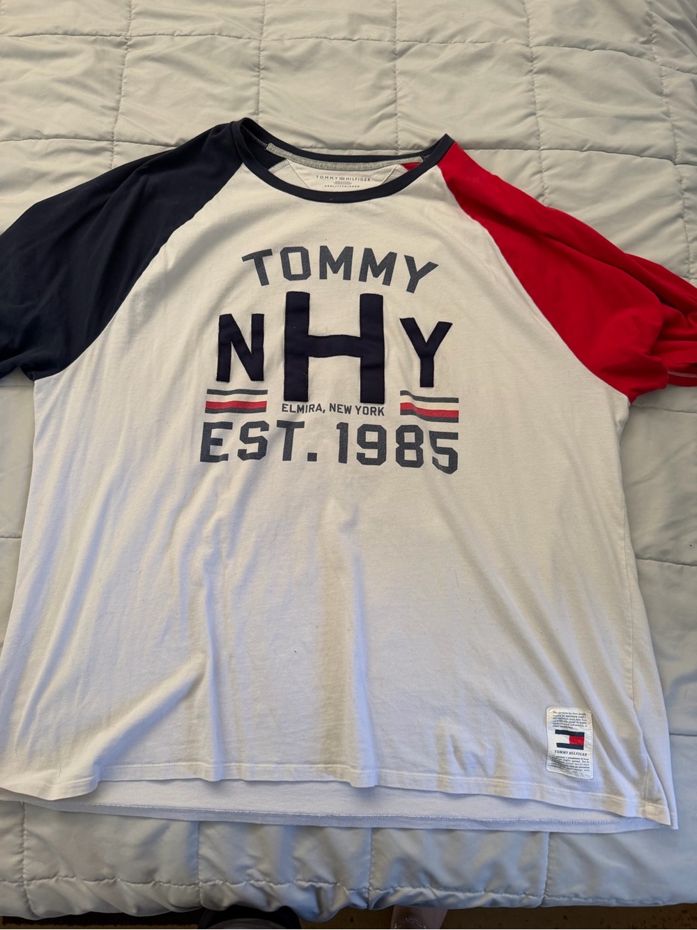 Tommy Hilfiger White Tee with Navy Trim and Red Raglan Accent